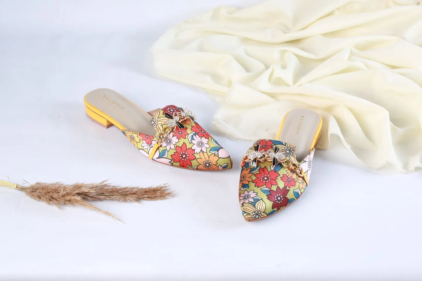 FLORAL MULE POINTED TOE FLATS VINTAGE BEE MULES - YELLOW