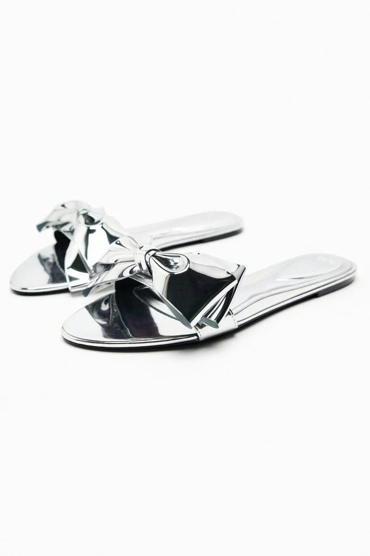 ZARA FLAT SANDALS WITH BOW - SILVER
