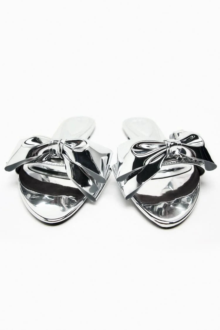 ZARA FLAT SANDALS WITH BOW - SILVER