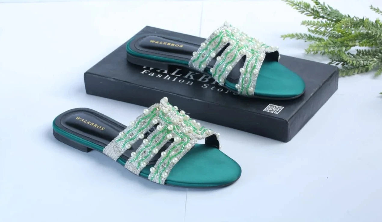 WALK BROS EMBROIDERED PEARLS FLATS - GREEN