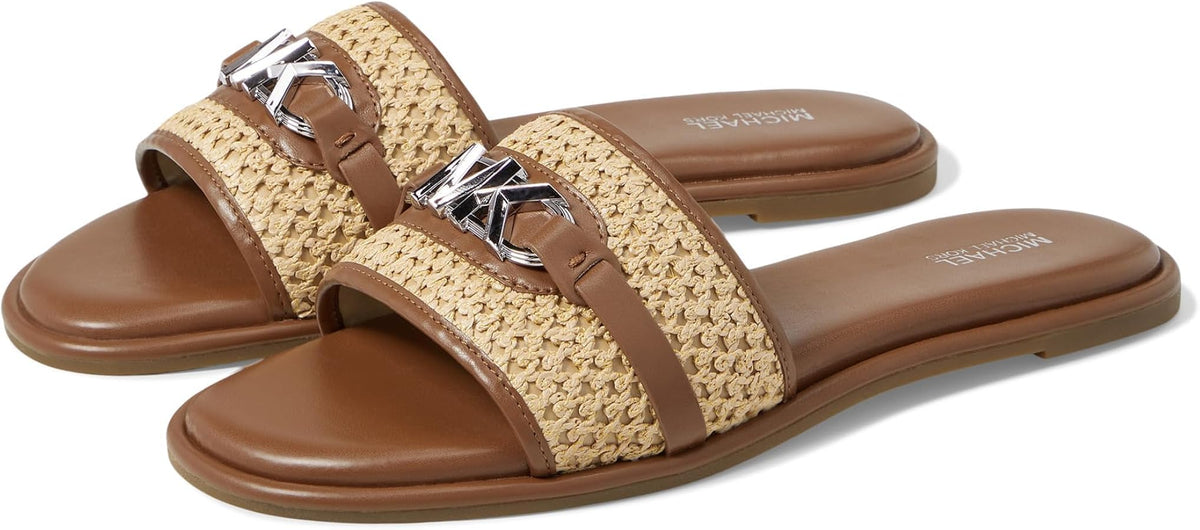 MICHAEL KORS EMBER EMBELLISHED STRAW SLIDE SLIPPERS - BROWN – Walkbros