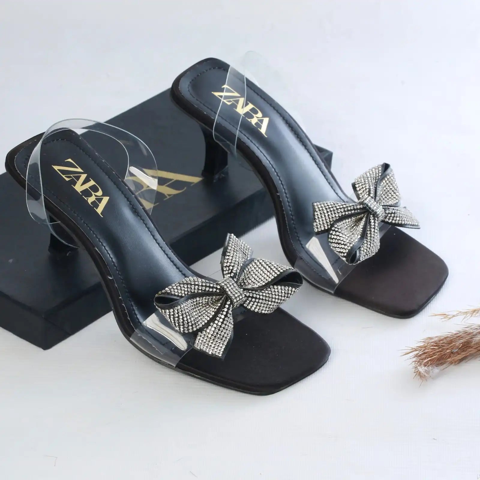 ZARA TRANSPARENT BOW STRAP HEELS - BLACK