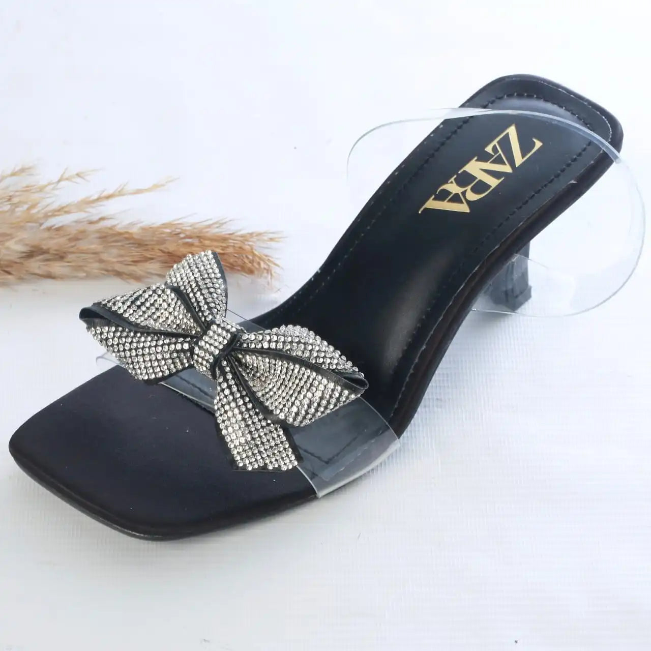 ZARA TRANSPARENT BOW STRAP HEELS - BLACK