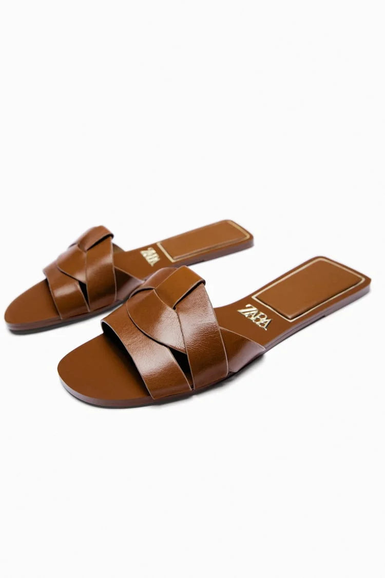 FLAT CRISS-CROSS LEATHER SLIDER SANDALS - BROWN