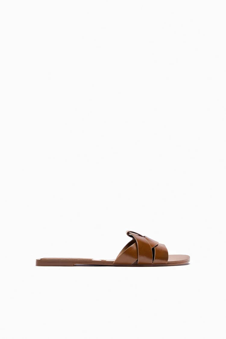 FLAT CRISS-CROSS LEATHER SLIDER SANDALS - BROWN