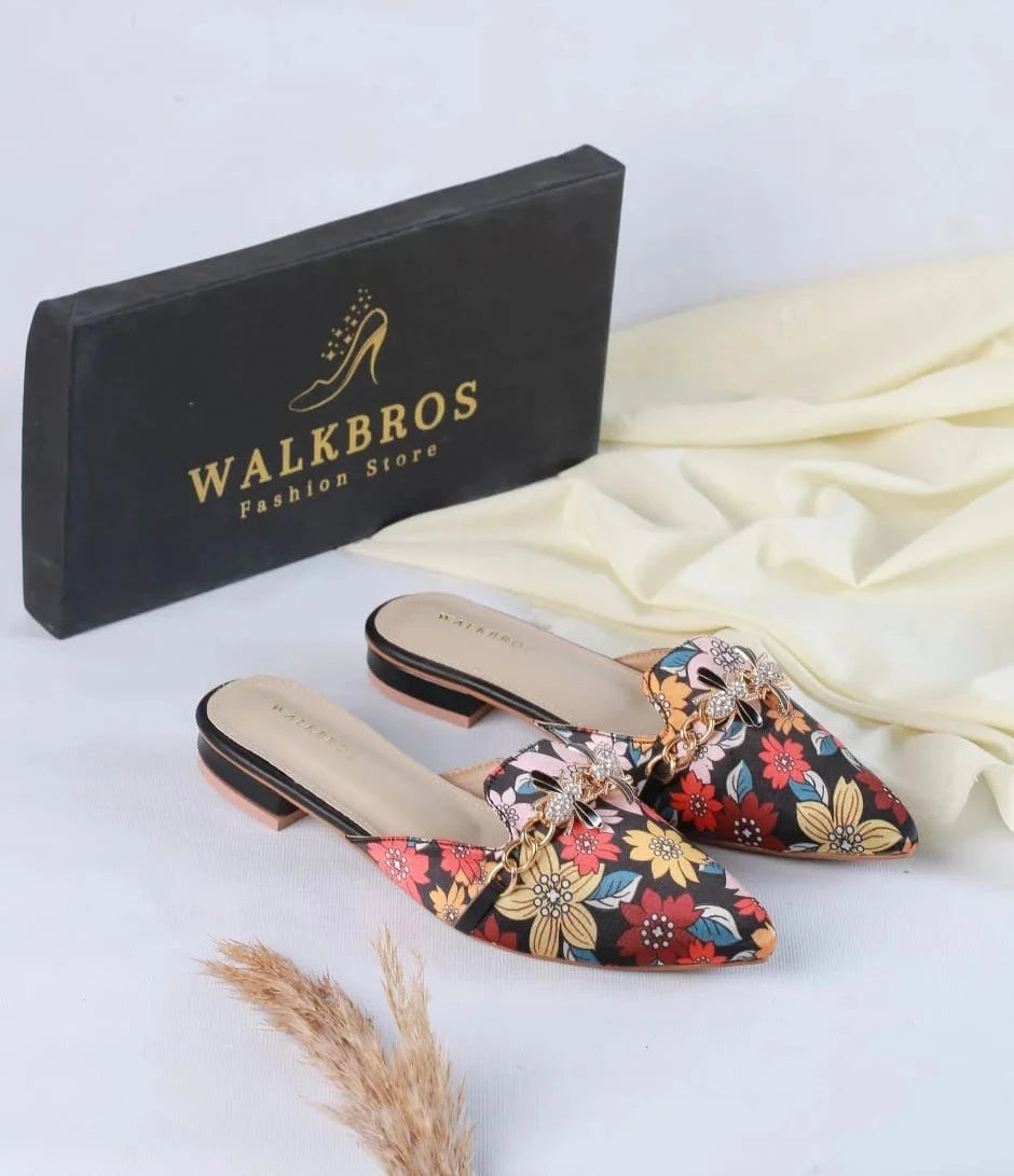 FLORAL MULE POINTED TOE FLATS VINTAGE BEE MULES - BLACK