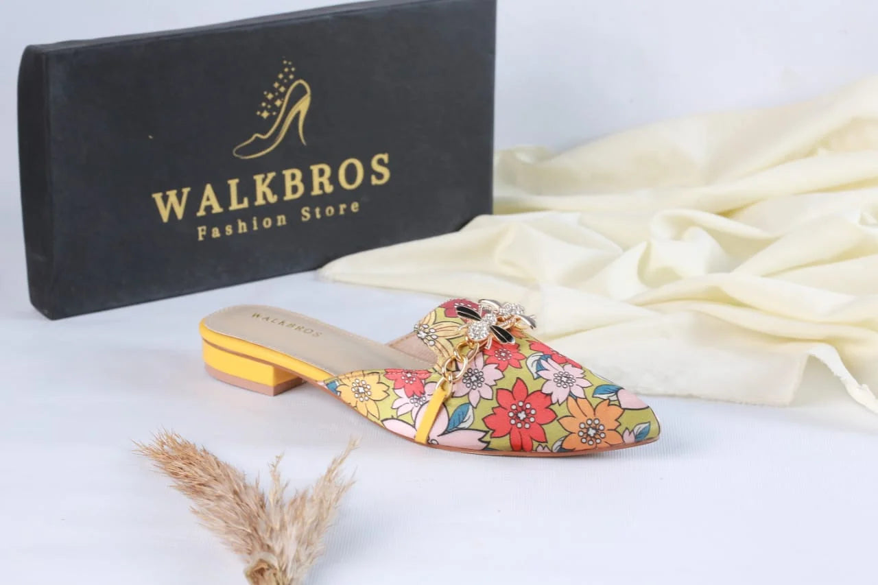 FLORAL MULE POINTED TOE FLATS VINTAGE BEE MULES - YELLOW