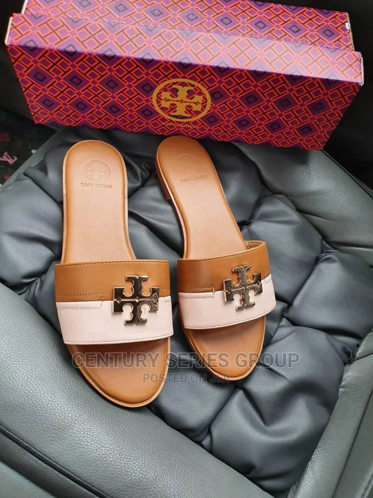 TB CASUAL SLIDES - BROWN & WHITE