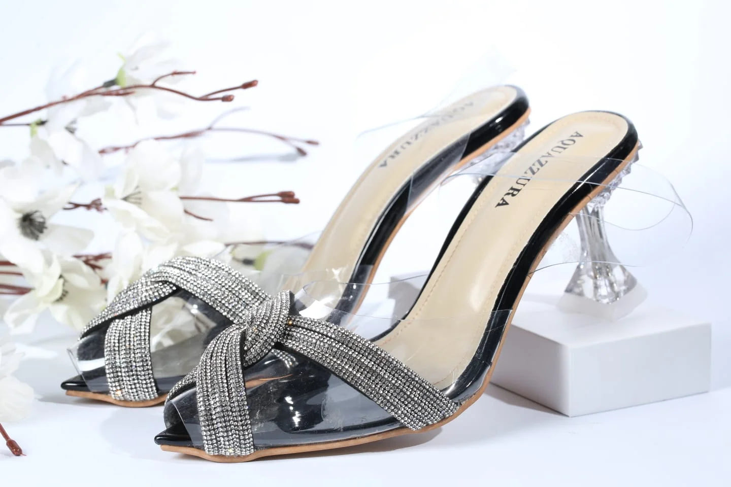 WOMEN RHINESTONE PEEP TOE SANDALS - BLACK
