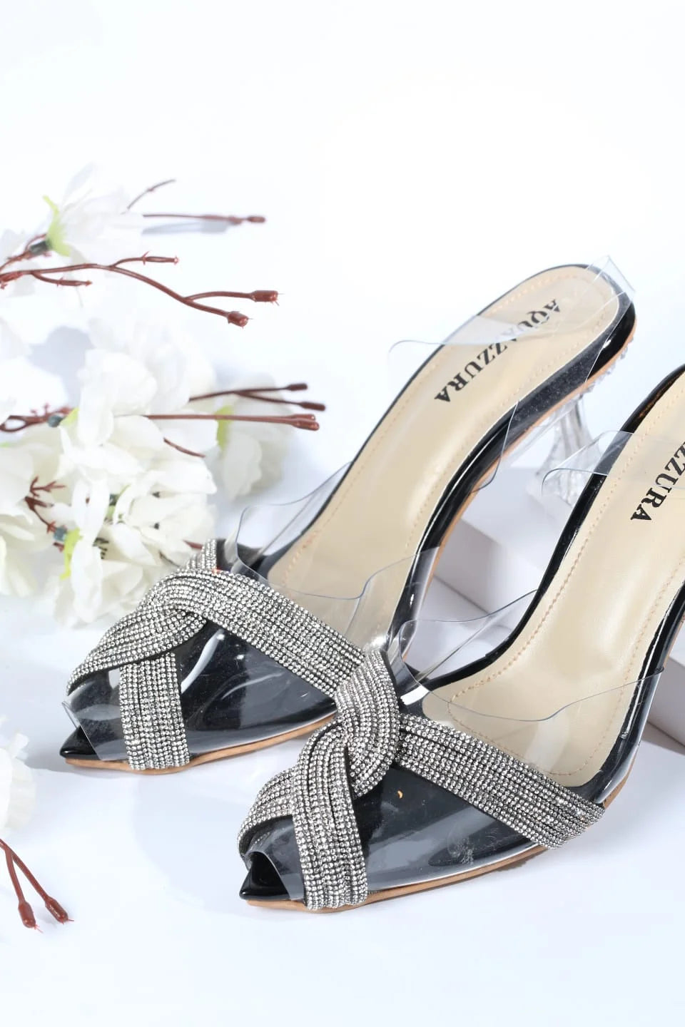 WOMEN RHINESTONE PEEP TOE SANDALS - BLACK