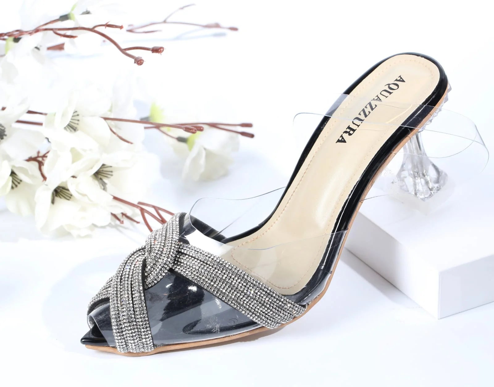 WOMEN RHINESTONE PEEP TOE SANDALS - BLACK