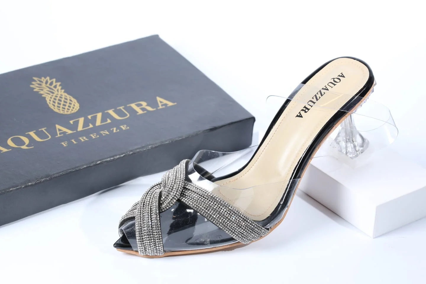 WOMEN RHINESTONE PEEP TOE SANDALS - BLACK