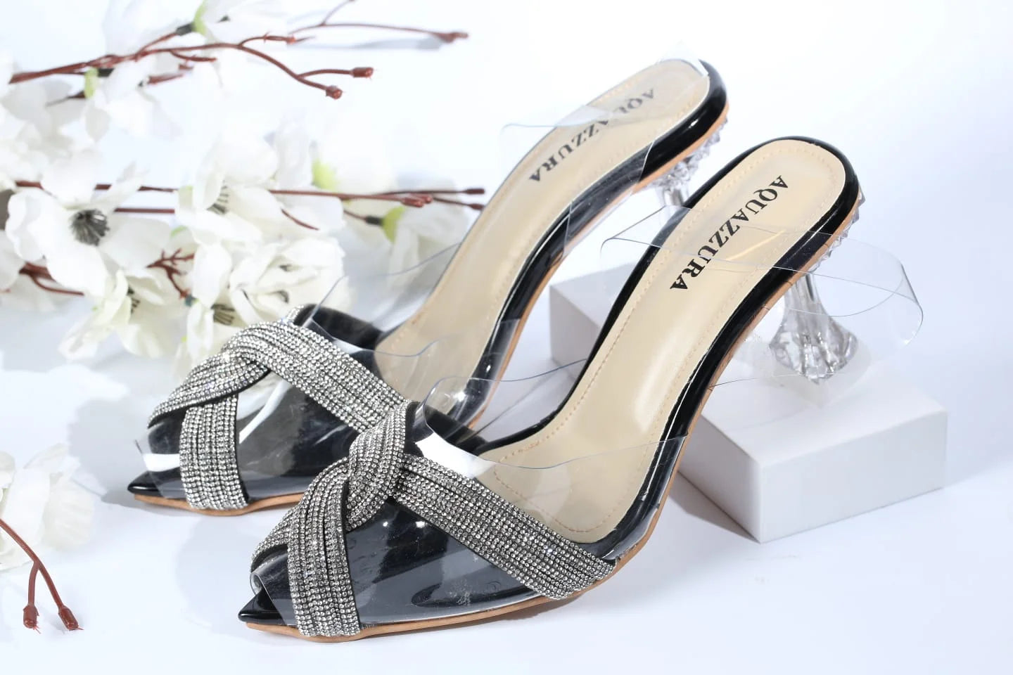 WOMEN RHINESTONE PEEP TOE SANDALS - BLACK