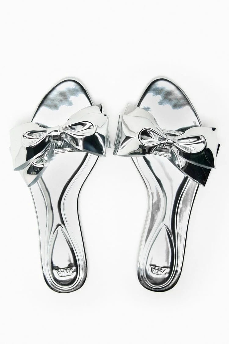 ZARA FLAT SANDALS WITH BOW - SILVER