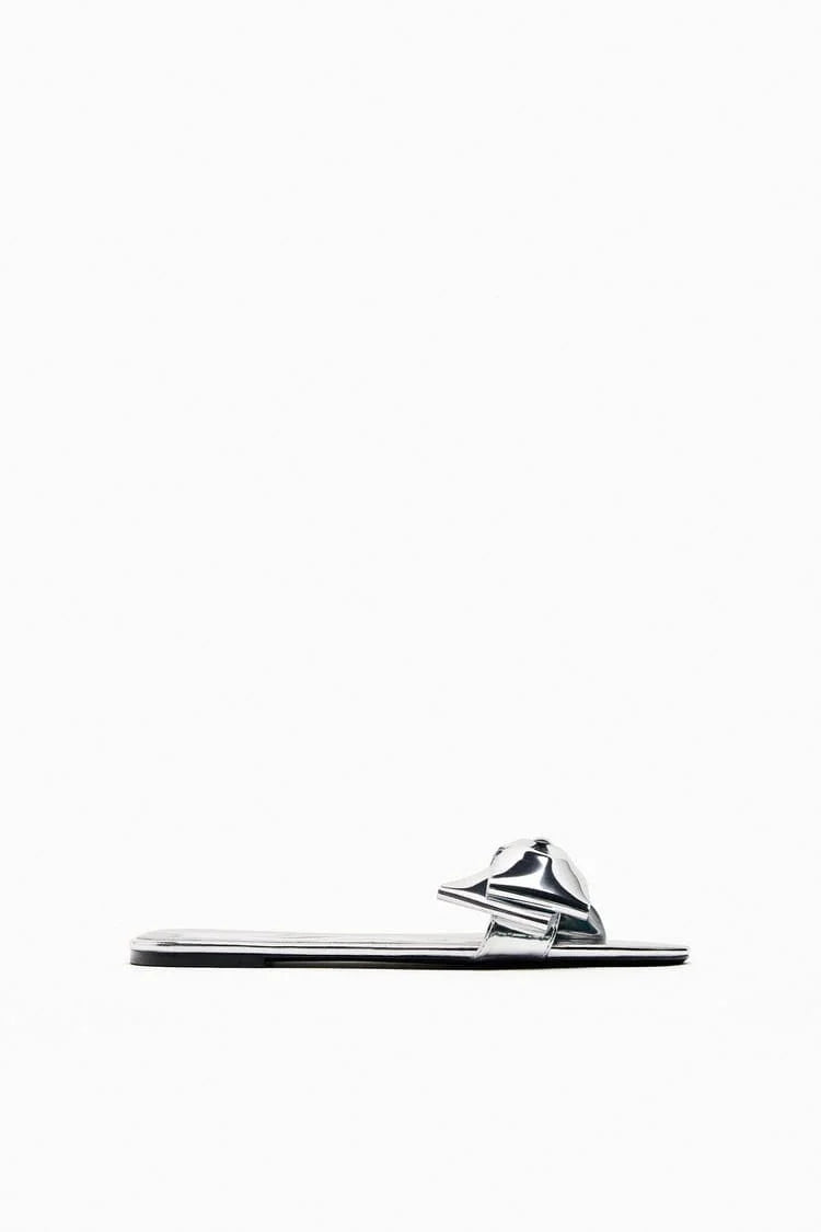 ZARA FLAT SANDALS WITH BOW - SILVER