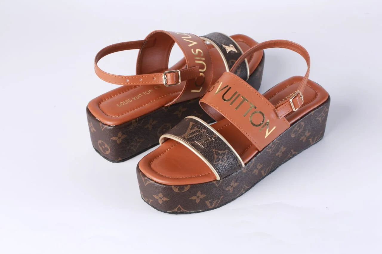 LV MONOGRAM WEDGES SANDALS BROWN Walkbros