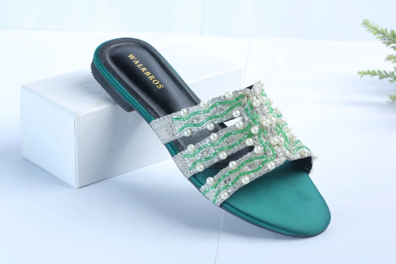 WALKBROS EMBROIDERED PEARLS FLATS - GREEN