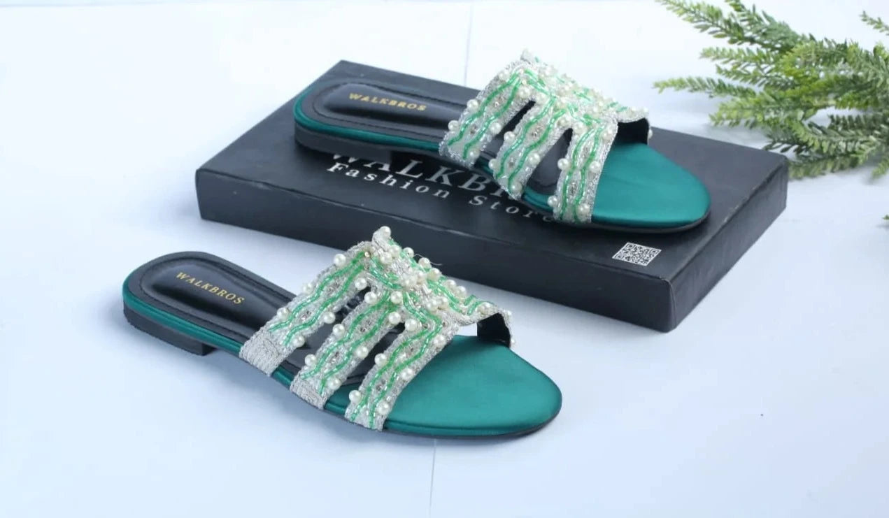 WALKBROS EMBROIDERED PEARLS FLATS - GREEN