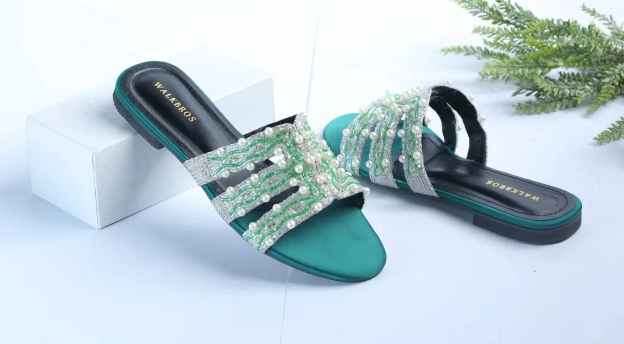WALKBROS EMBROIDERED PEARLS FLATS - GREEN