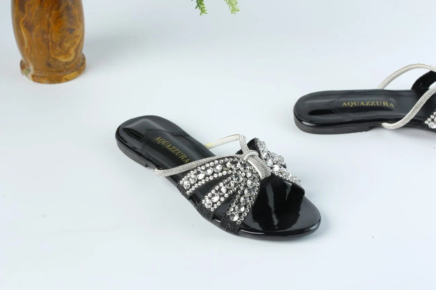 AQUAZZURA EMBROIDERED RHINESTONE FLAT SANDALS - BLACK