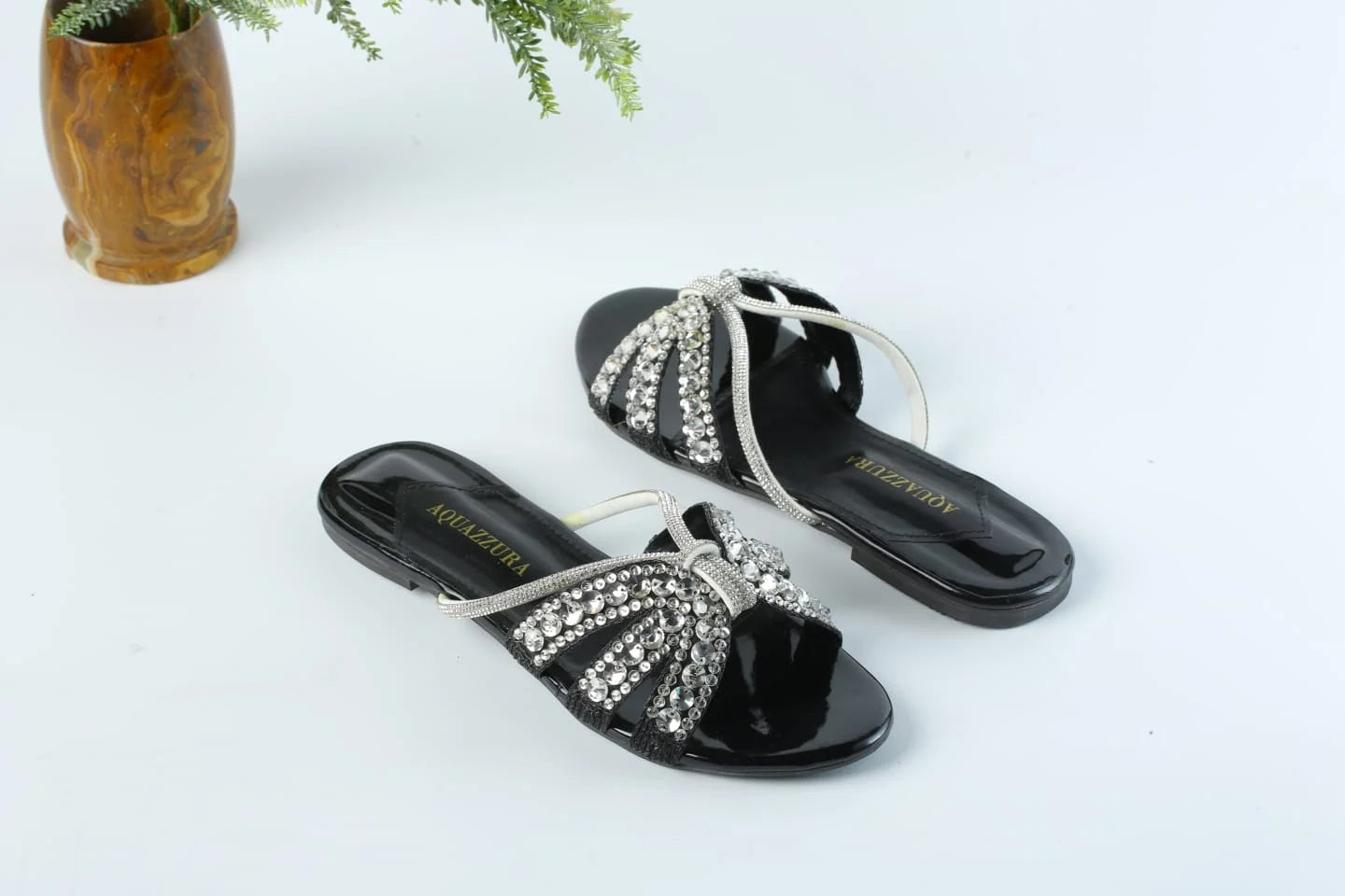AQUAZZURA EMBROIDERED RHINESTONE FLAT SANDALS - BLACK