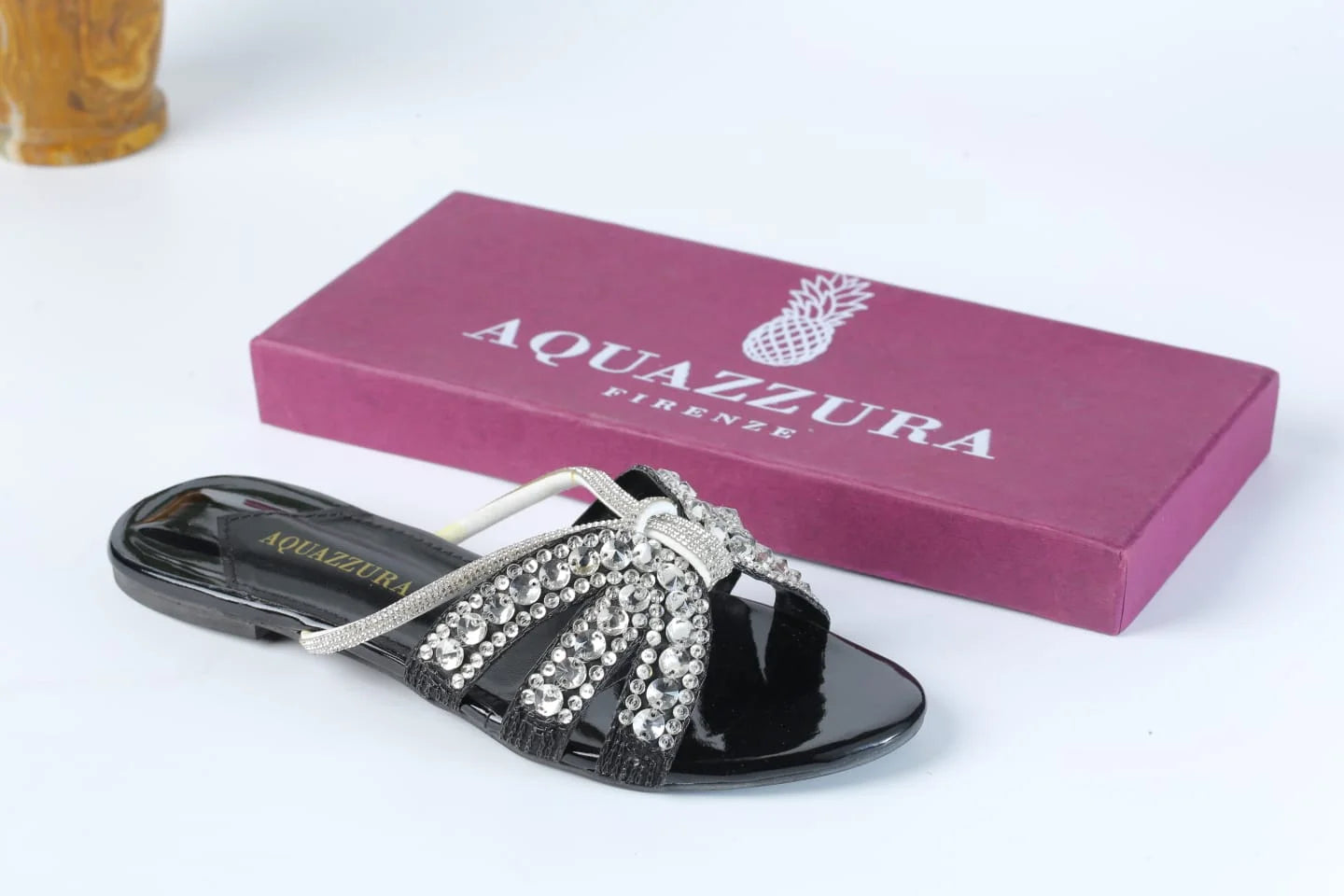 AQUAZZURA EMBROIDERED RHINESTONE FLAT SANDALS - BLACK