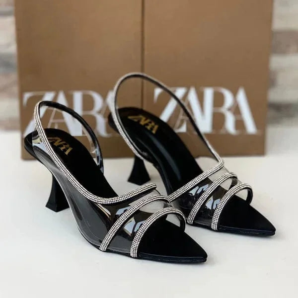 ZARA VINYL EMBELLISHED Diamante Heels BLACK Walkbros