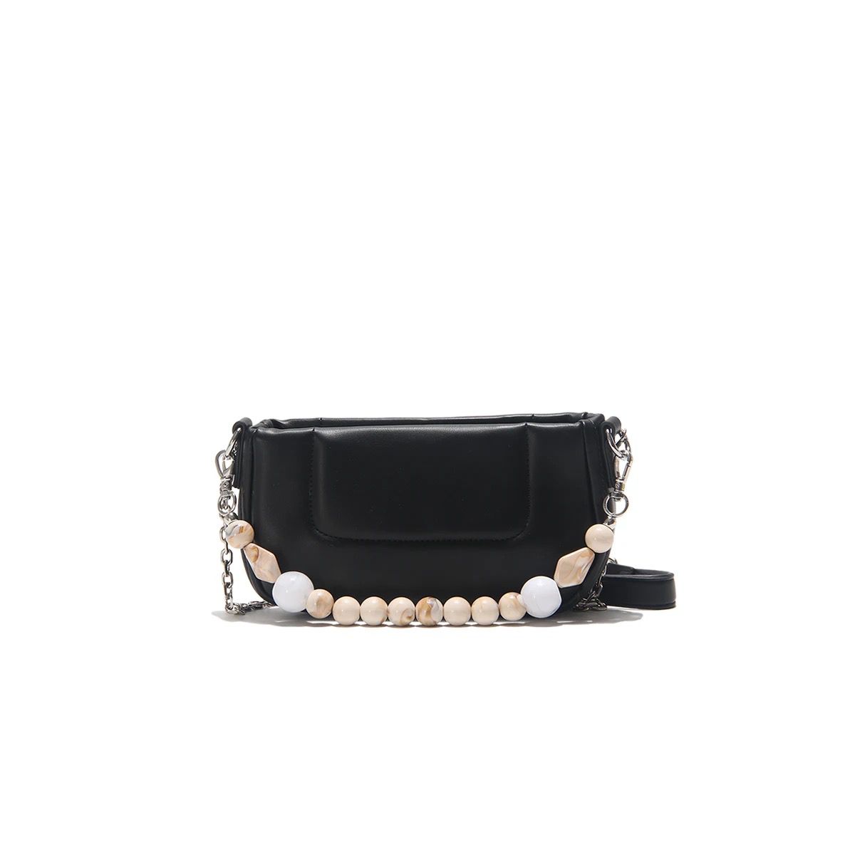 Stone Beaded Handle Cross Version Bag - Black
