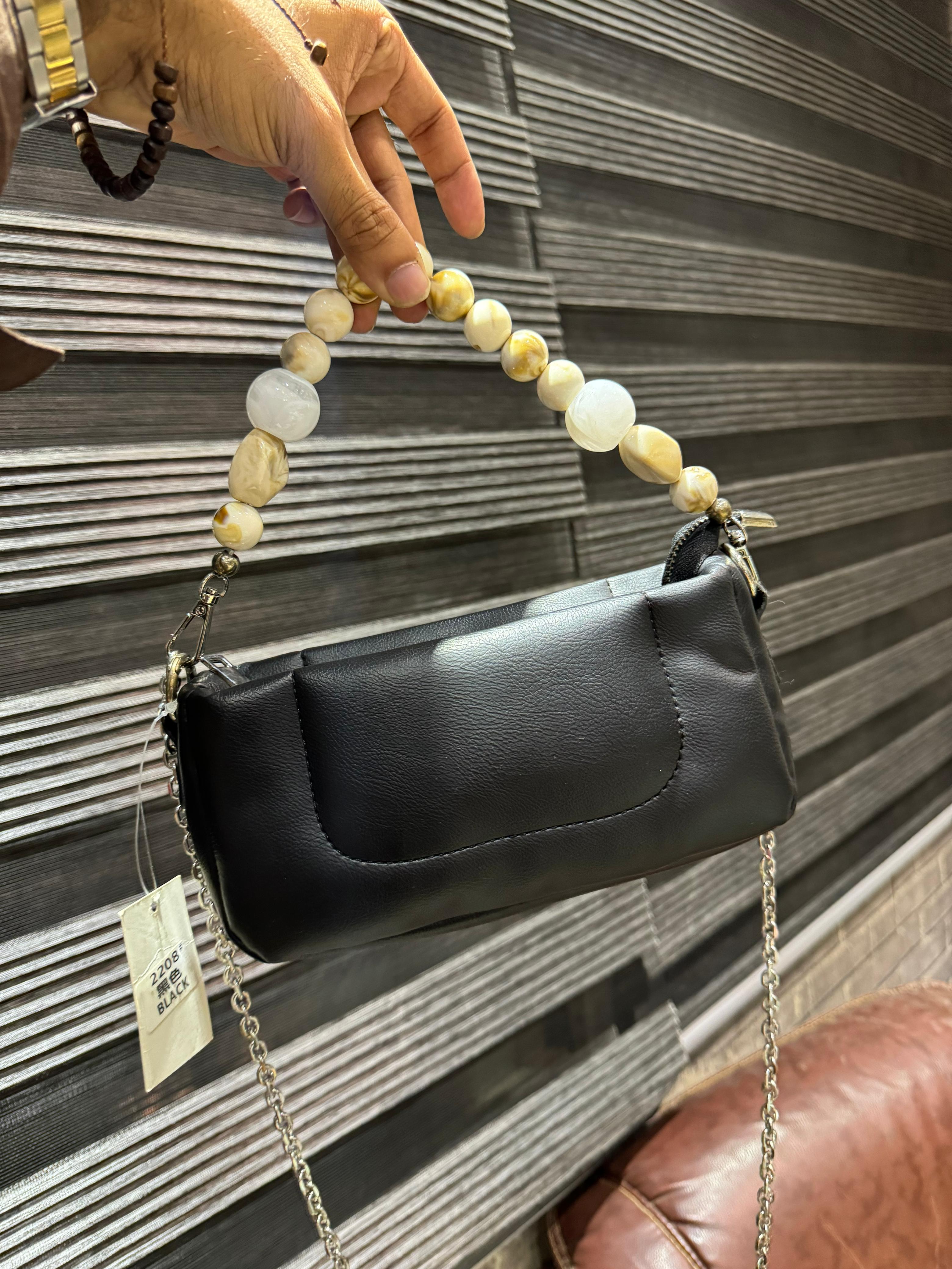 Stone Beaded Handle Cross Version Bag - Black
