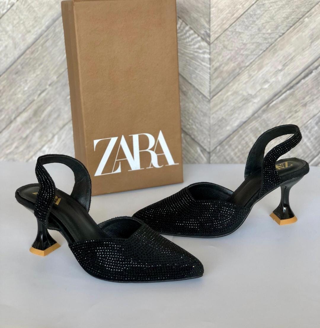 ZARA STONE EMBELLISHED KITTEN HEELS - BLACK
