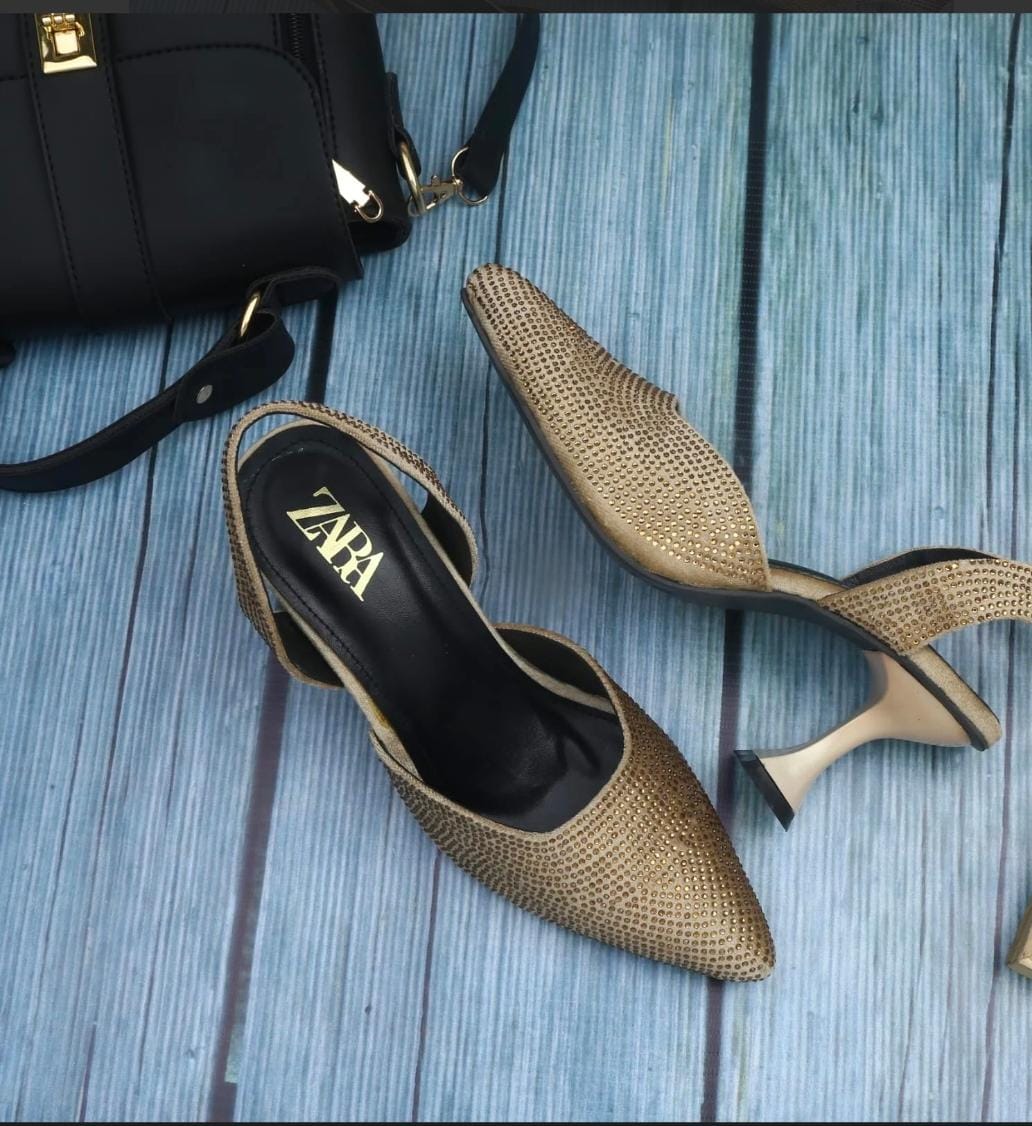 ZARA STONE EMBELLISHED KITTEN HEELS - GOLD