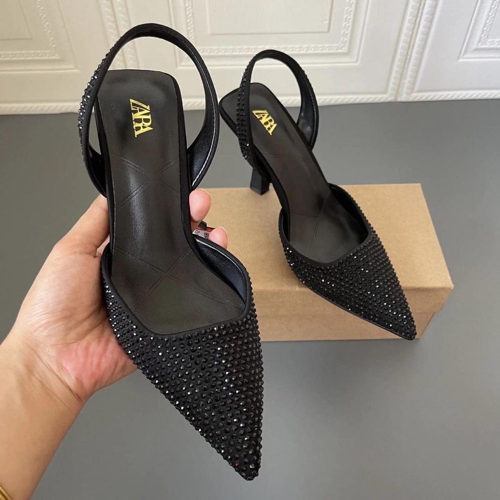ZARA STONE EMBELLISHED KITTEN HEELS - BLACK