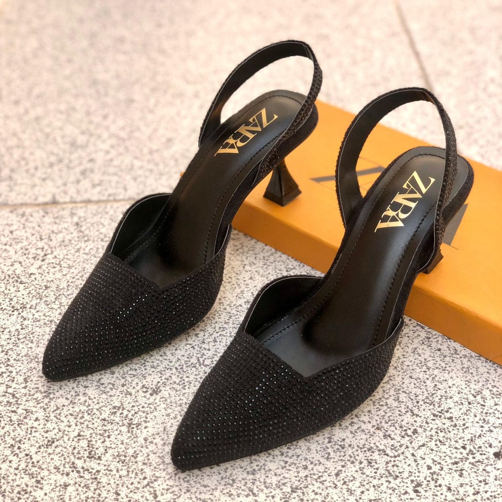 ZARA STONE EMBELLISHED KITTEN HEELS - BLACK