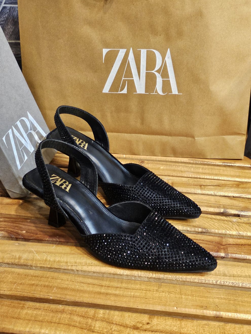 ZARA STONE EMBELLISHED KITTEN HEELS - BLACK