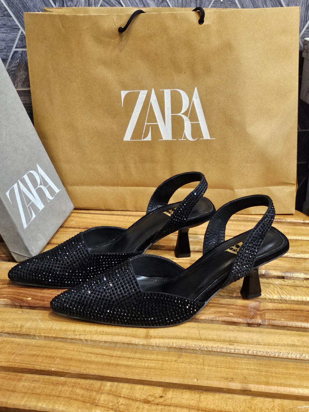 ZARA STONE EMBELLISHED KITTEN HEELS - BLACK