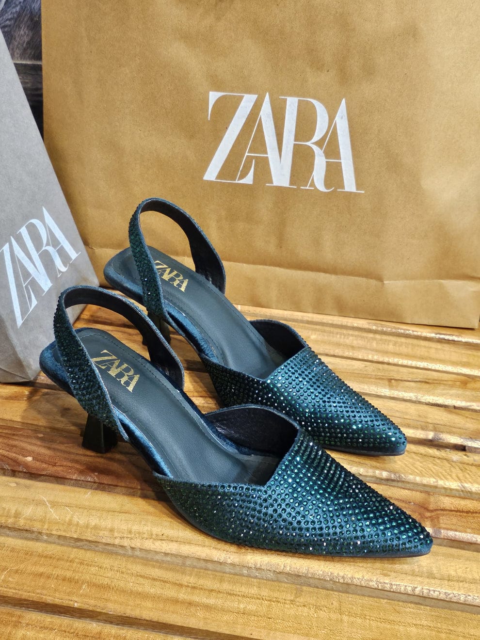 ZARA STONE EMBELLISHED KITTEN HEELS - GREEN