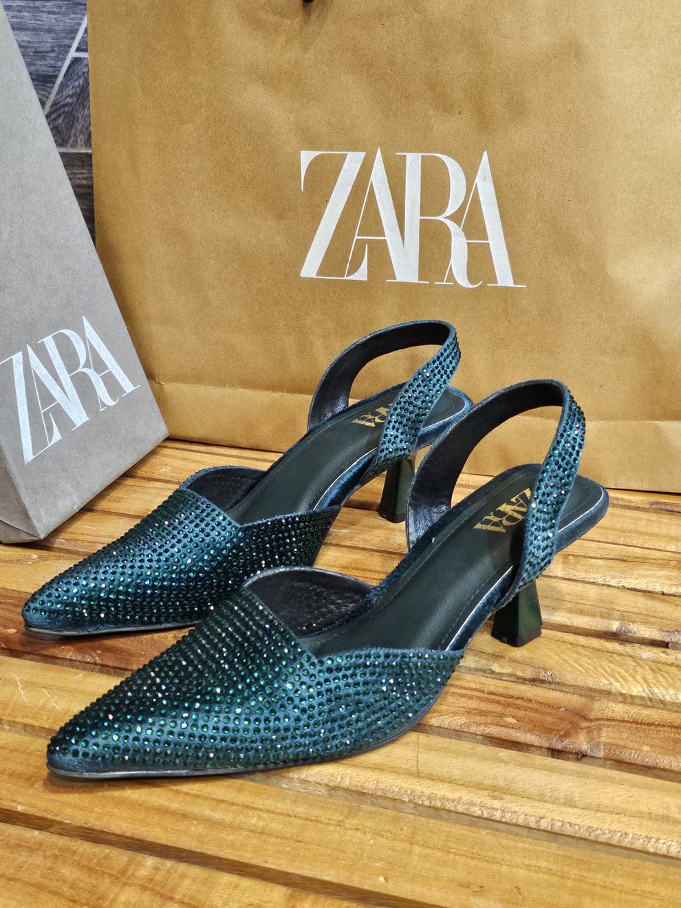 ZARA STONE EMBELLISHED KITTEN HEELS - GREEN