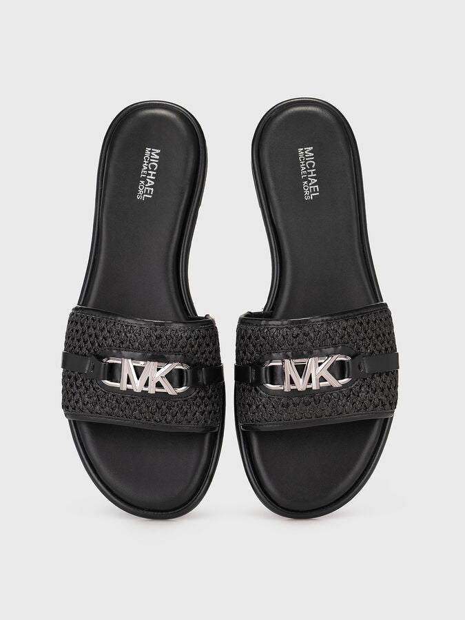 MICHAEL KORS EMBER EMBELLISHED STRAW SLIDE SLIPPERS - BLACK