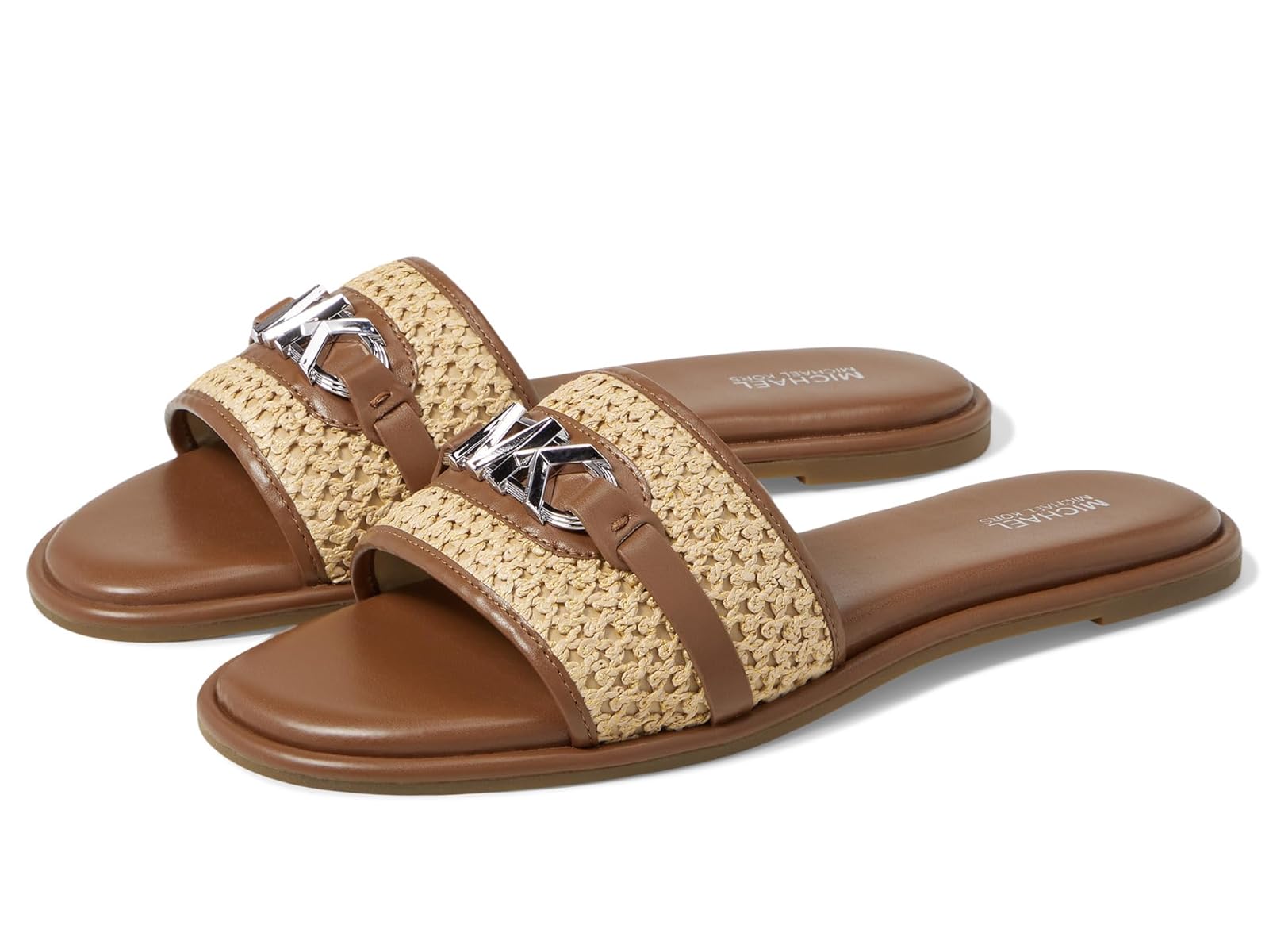 MICHAEL KORS EMBER EMBELLISHED STRAW SLIDE SLIPPERS - BROWN