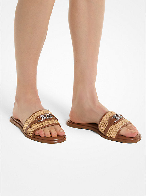 MICHAEL KORS EMBER EMBELLISHED STRAW SLIDE SLIPPERS - BROWN