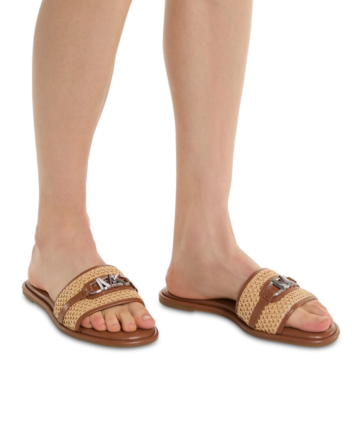 MICHAEL KORS EMBER EMBELLISHED STRAW SLIDE SLIPPERS - BROWN