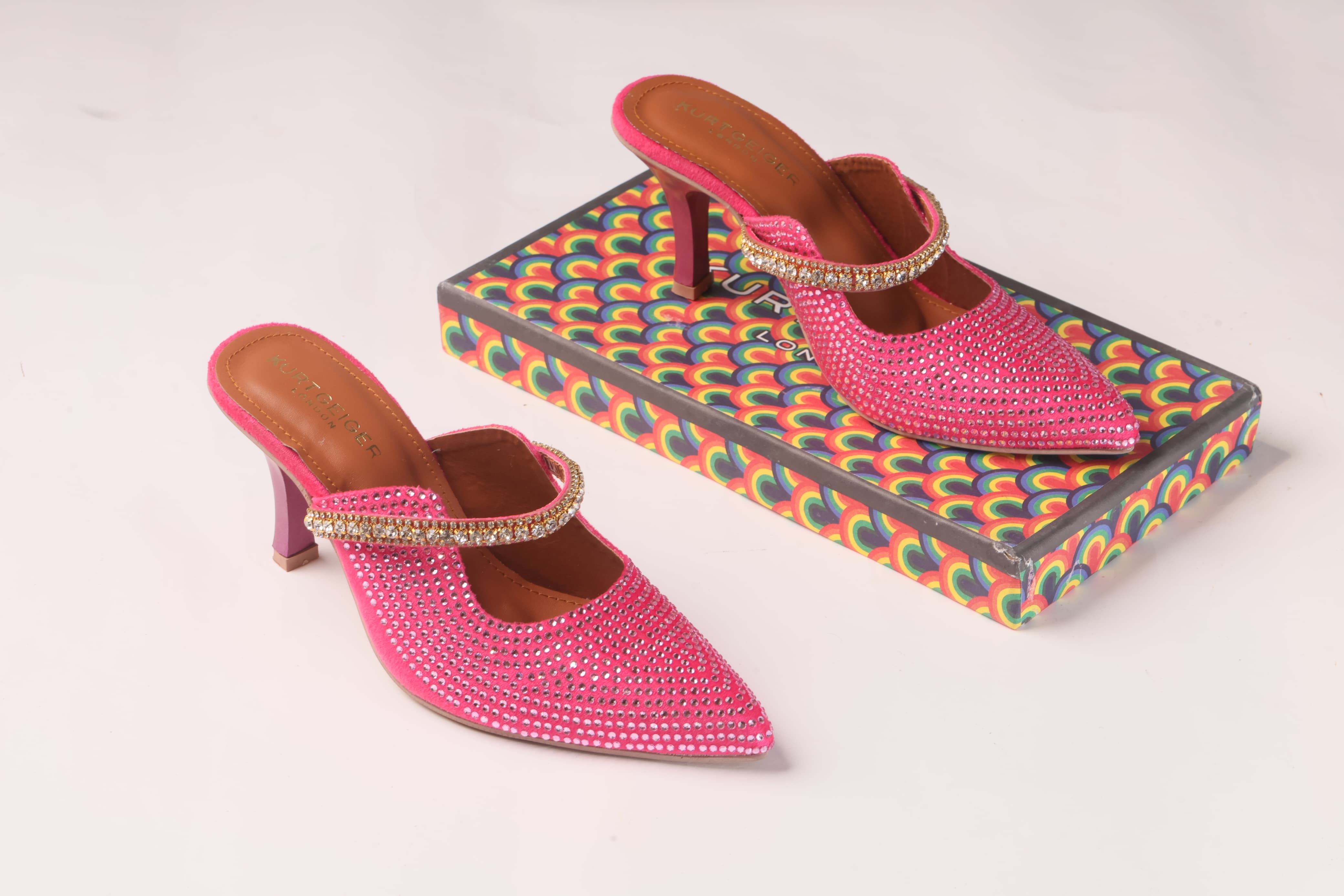 KURT GEIGER LONDON DUKE CRYSTAL EMBELLISHED CANVAS HEELED SANDALS - PINK
