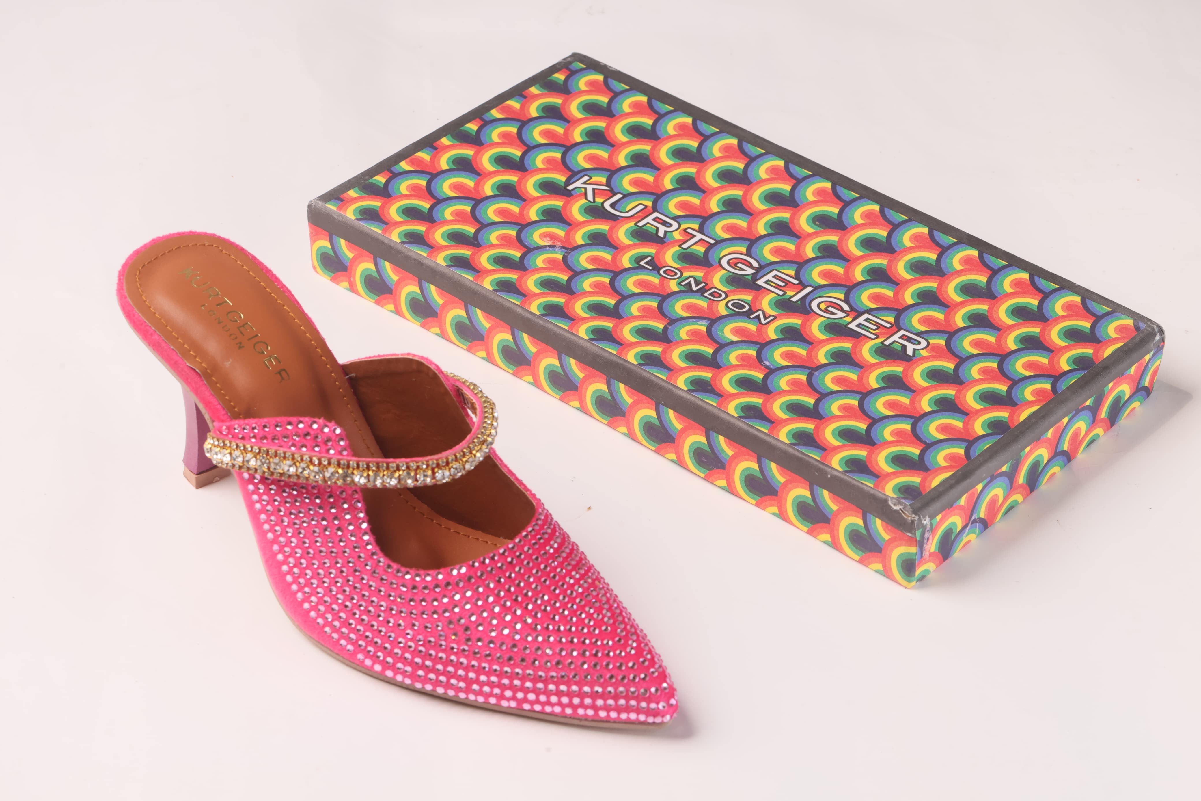 KURT GEIGER LONDON DUKE CRYSTAL EMBELLISHED CANVAS HEELED SANDALS - PINK