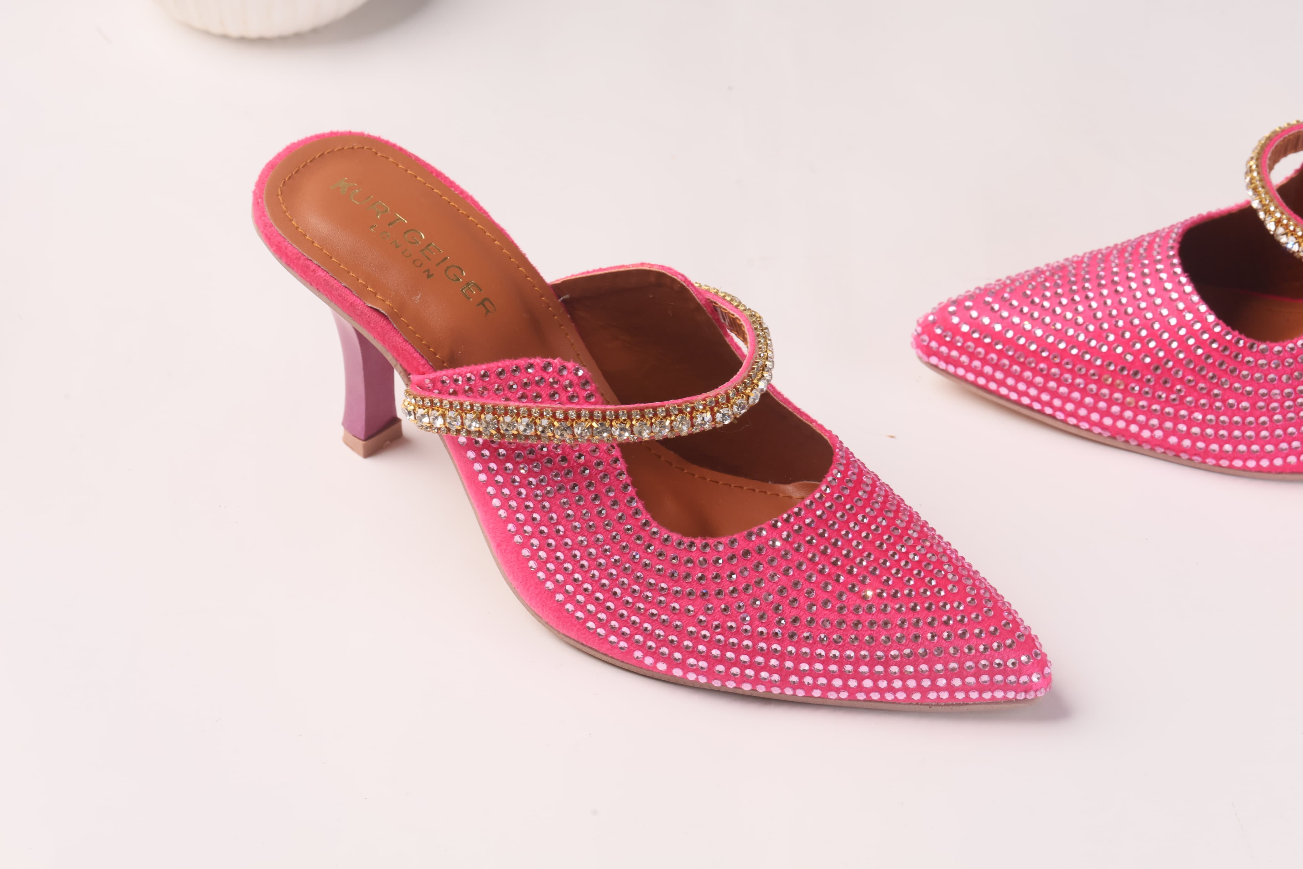 KURT GEIGER LONDON DUKE CRYSTAL EMBELLISHED CANVAS HEELED SANDALS - PINK