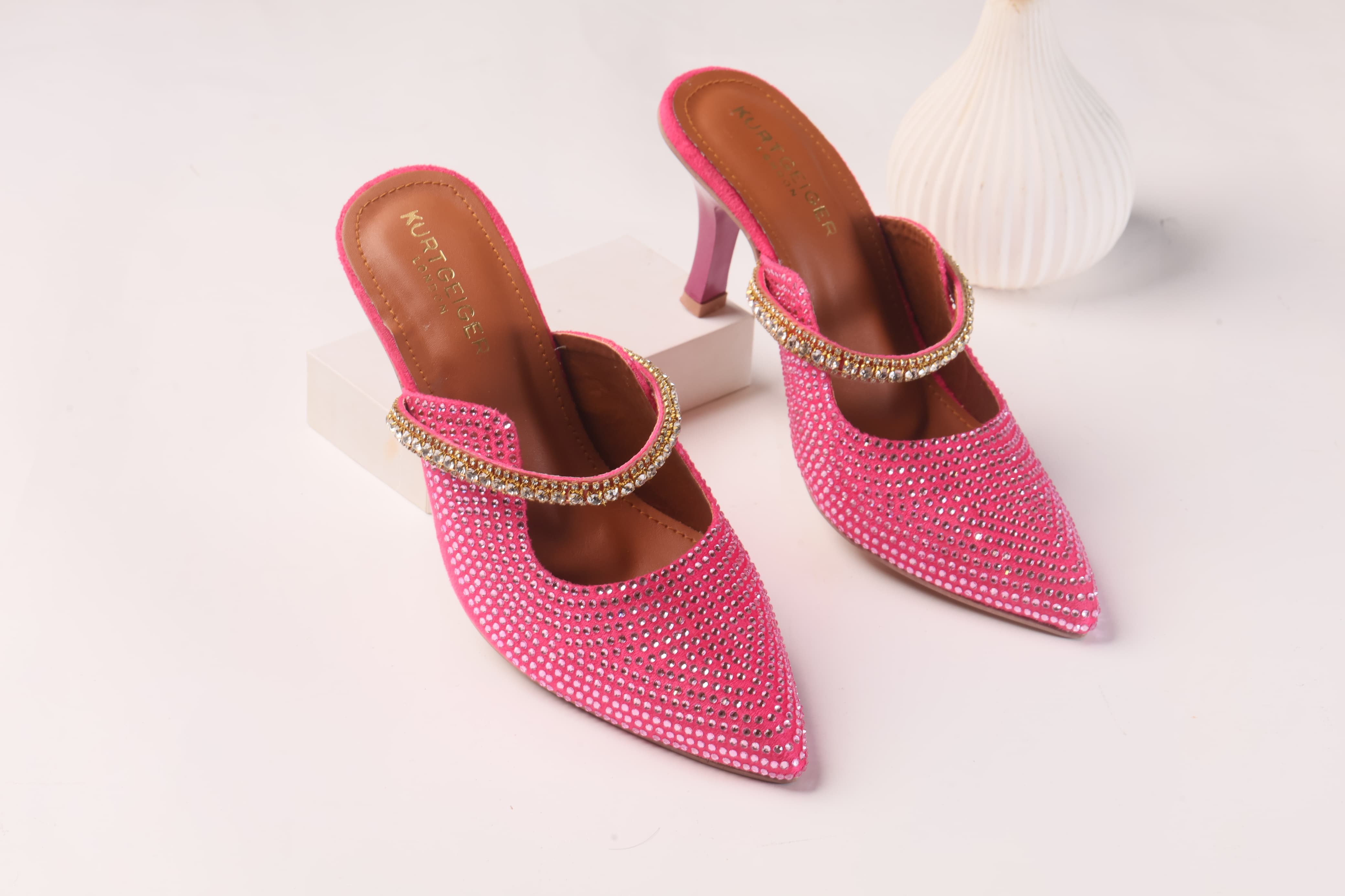 KURT GEIGER LONDON DUKE CRYSTAL EMBELLISHED CANVAS HEELED SANDALS - PINK