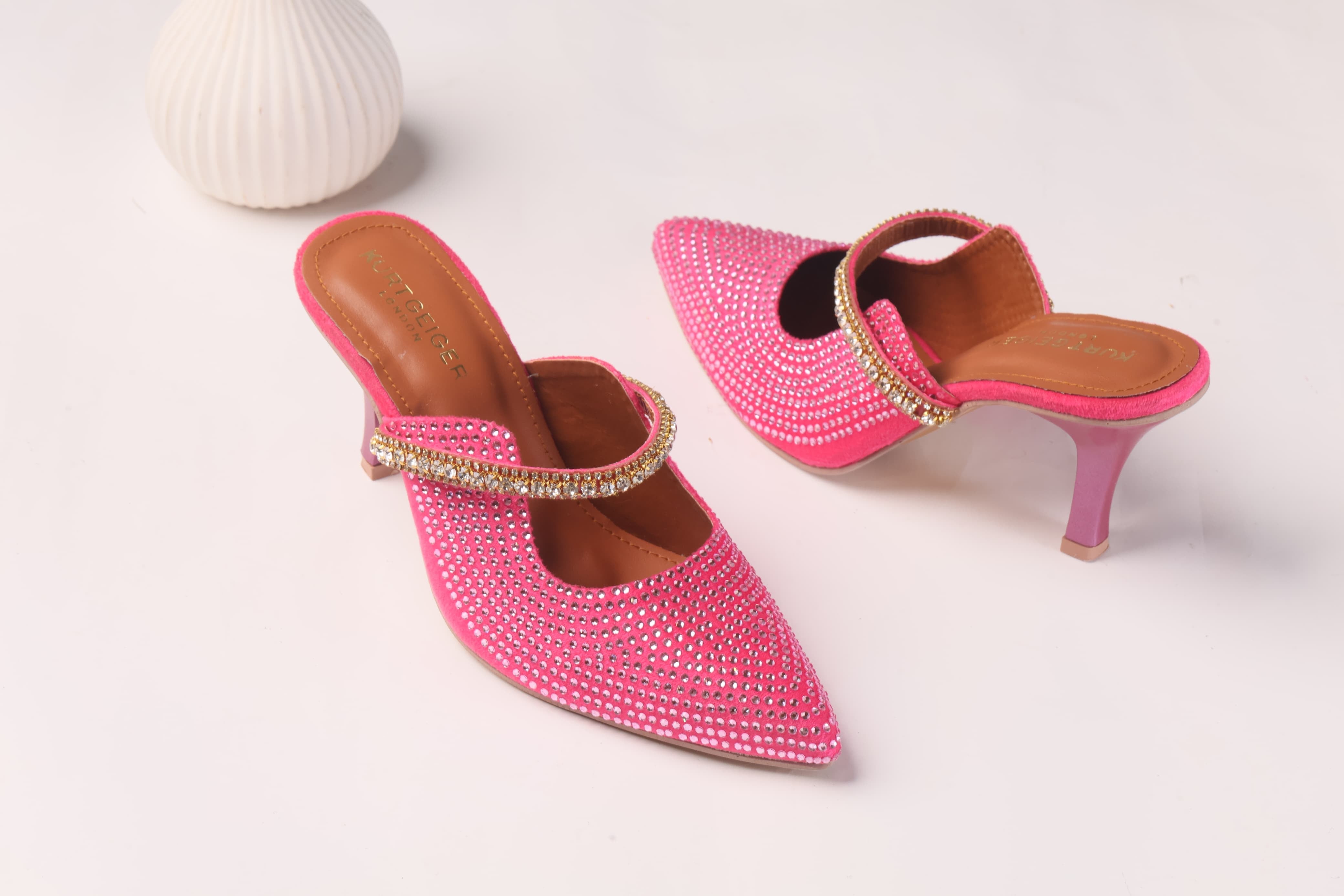 KURT GEIGER LONDON DUKE CRYSTAL EMBELLISHED CANVAS HEELED SANDALS - PINK