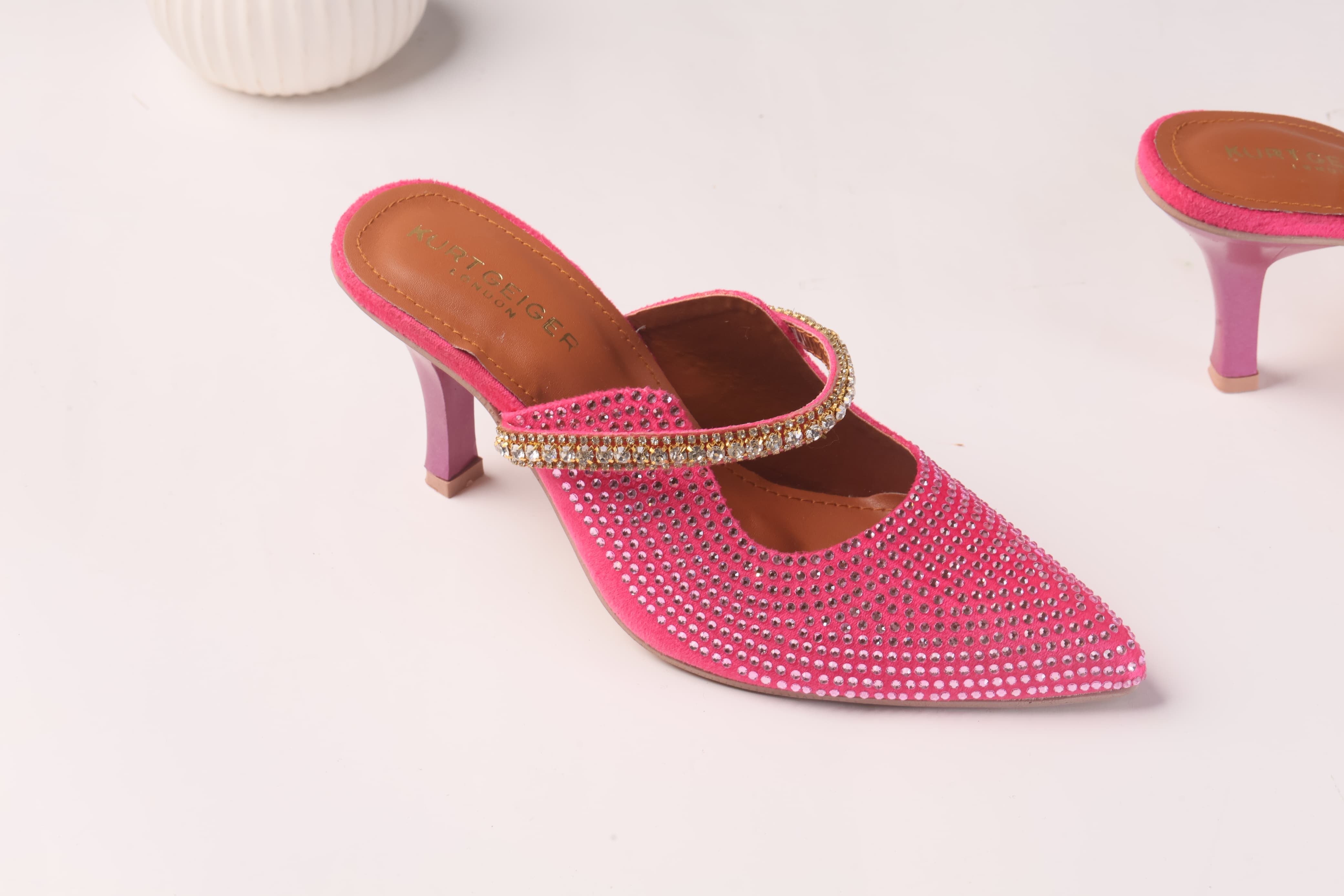 KURT GEIGER LONDON DUKE CRYSTAL EMBELLISHED CANVAS HEELED SANDALS - PINK