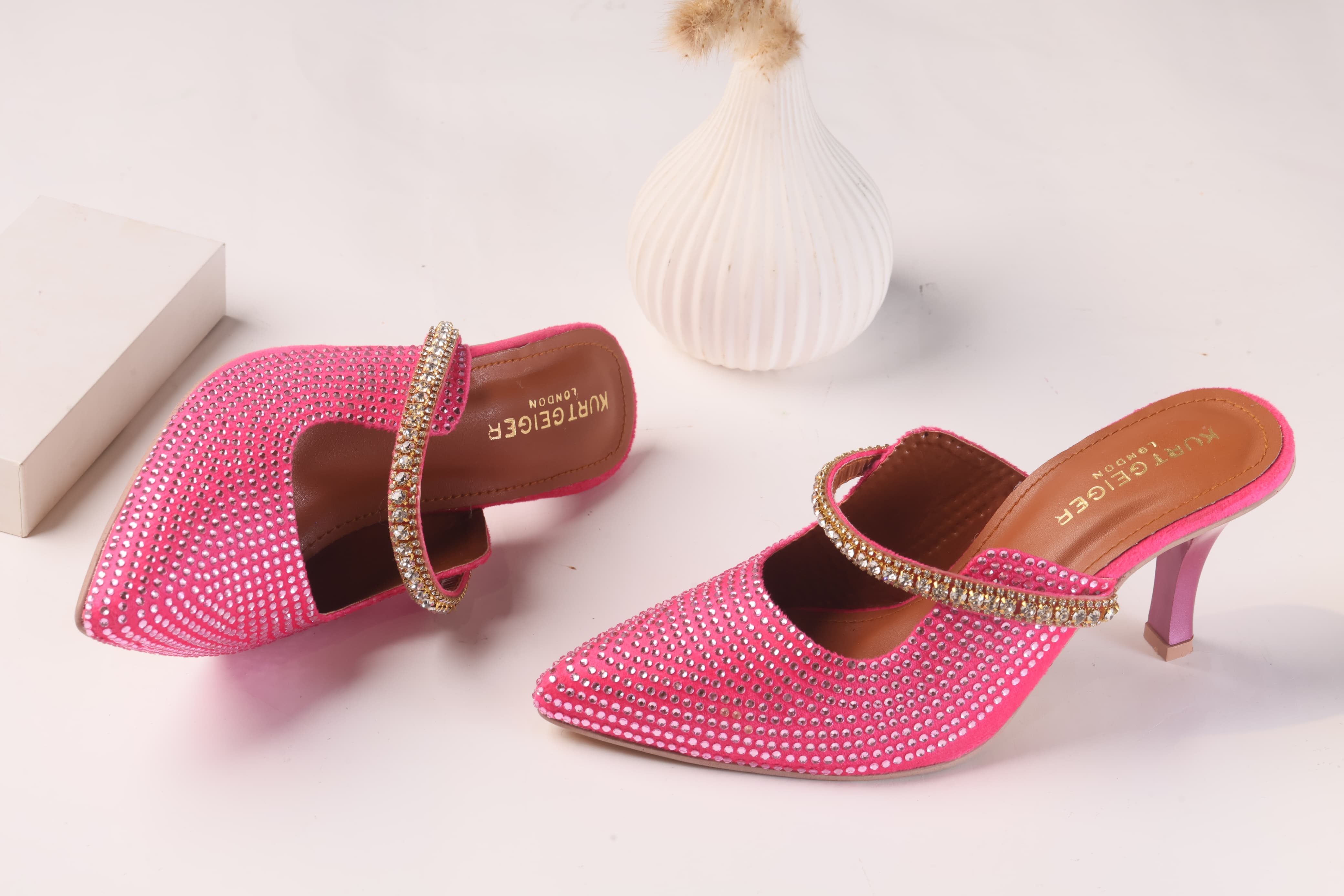 KURT GEIGER LONDON DUKE CRYSTAL EMBELLISHED CANVAS HEELED SANDALS - PINK