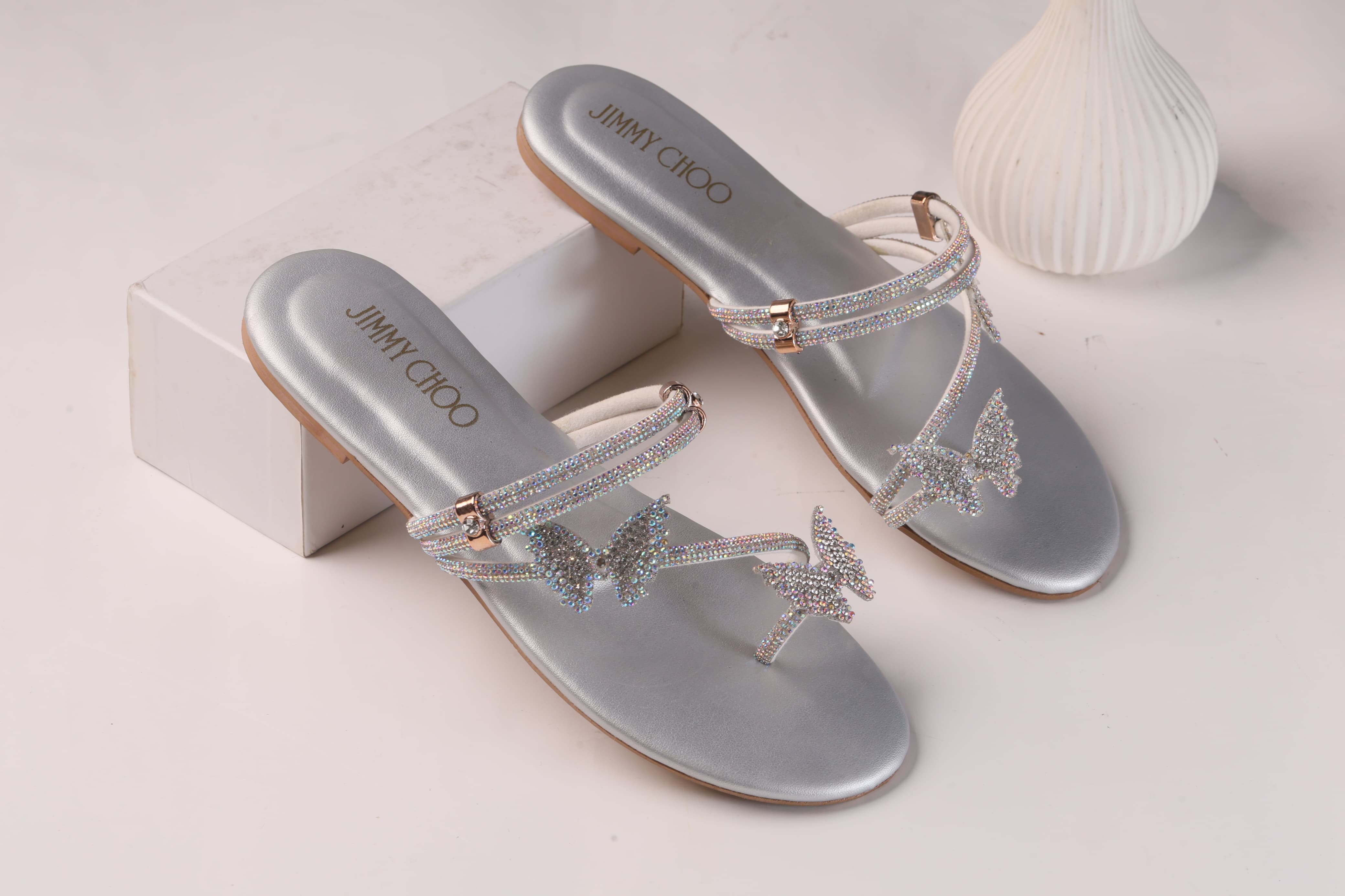 JIMMY CHOO MASH STRAP BUTTERFLY SLIPPERS - SILVER