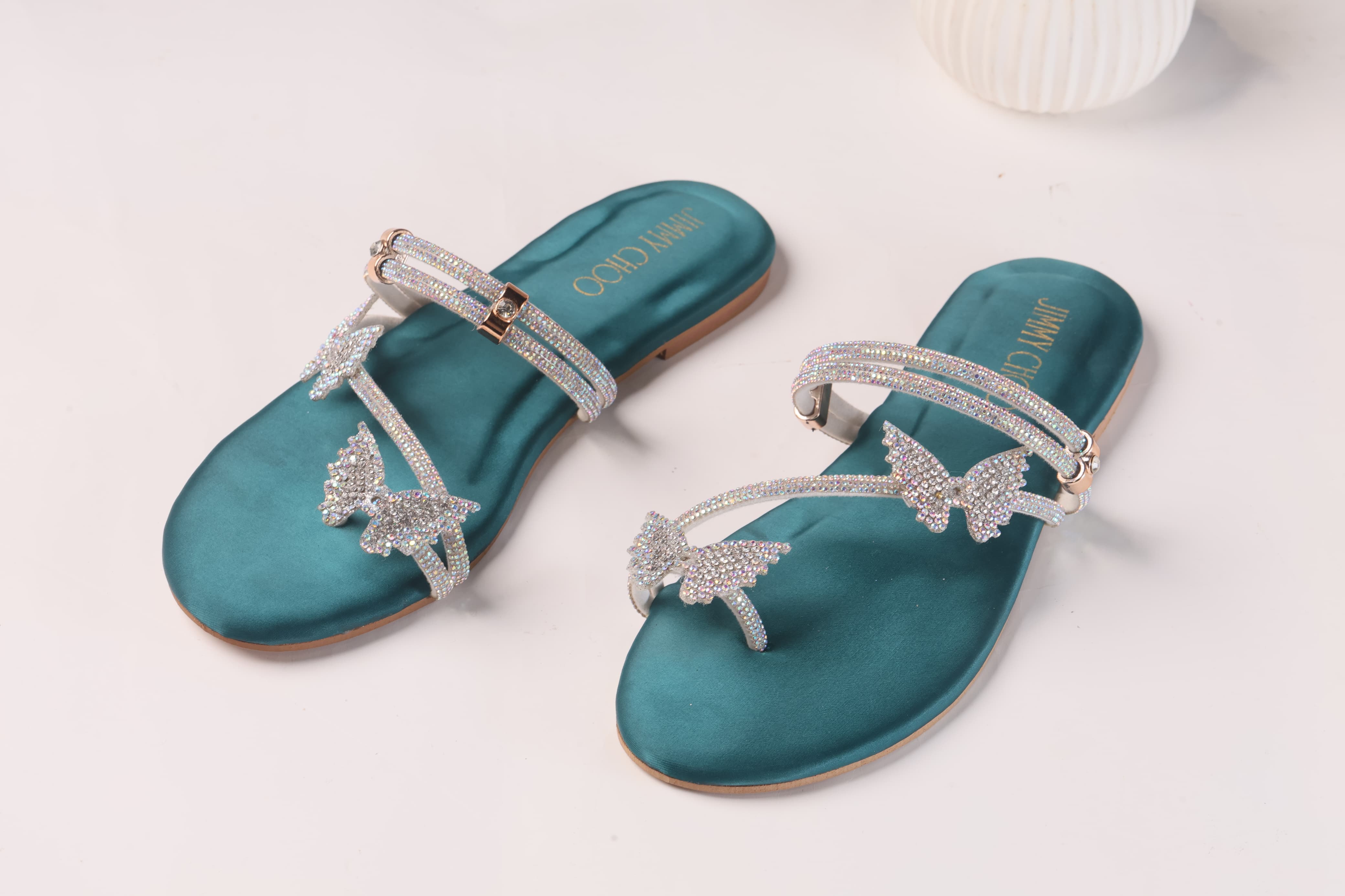 JIMMY CHOO MASH STRAP BUTTERFLY SLIPPERS - GREEN